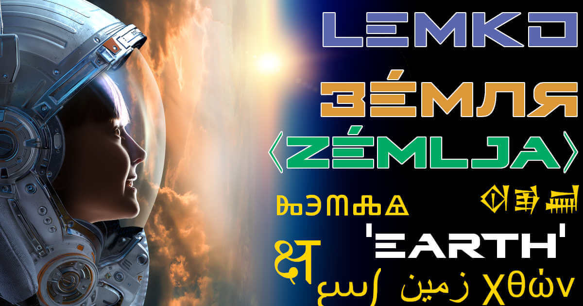 Picture of an astronaut in front of the planet Earth and the Lemko word 'zemla' translated into many languages.